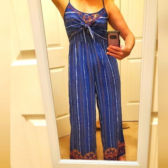 FLYING TOMATO | Blue Striped Boho Open Back Tie Front Jumpsuit Size Medium - Picture 2 of 12